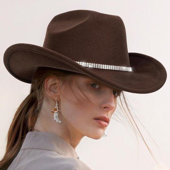 Cowgirl Hat and Earrings Set Polyester Rhinestone Western Accessories